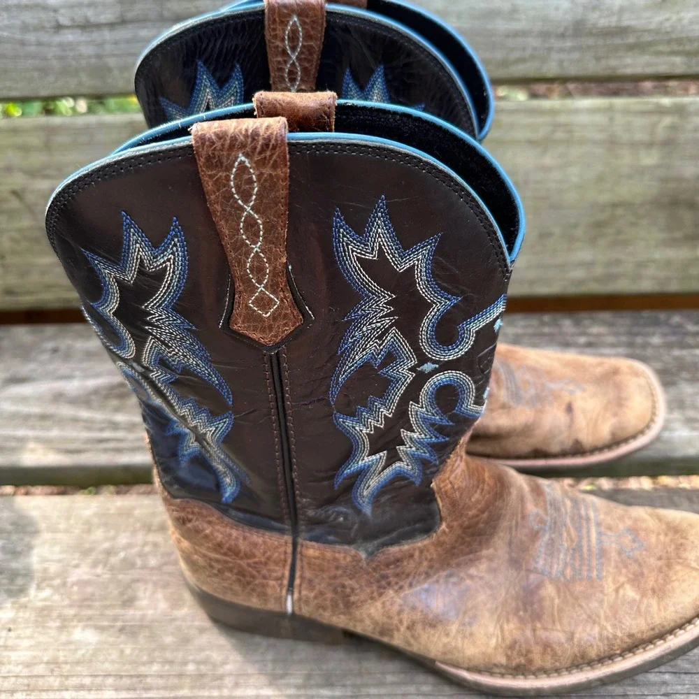 Ariat Tombstone Kids Cowboy Boots Brown Leather Square Toe Blue Stitching Size 5